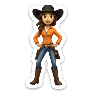 jumping brunette cow girl with tan skin, orange burnt coat, black hat sticker