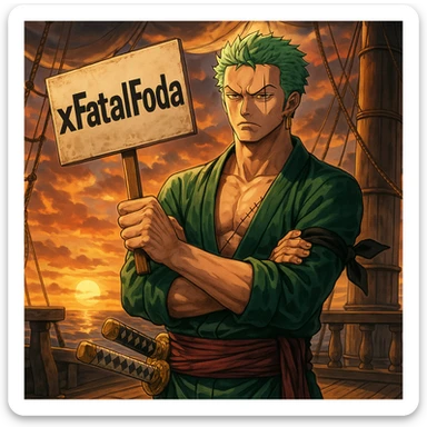 Zoro from One Piece standing with a serious face and crossed arms, holding a small protest-style sign that reads ‘xFatalFoda’ in bold letters, on a pirate ship deck at sunset, dramatic anime lighting, highly detailed, in the style of Wano arc illustrations sticker