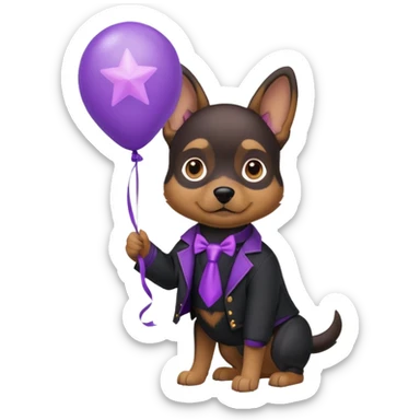 Dog hold purple star shape balloon, black jacket sticker