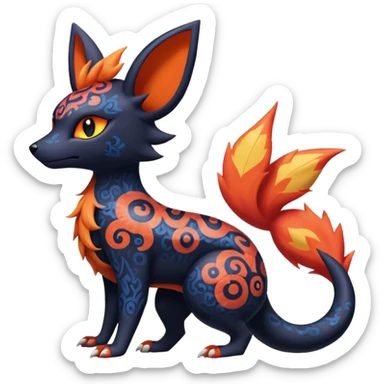 
Canine-Litten-Amaura-Salandit-Noibat-Flareon-Fakémon-fusion (full body) with intricate patterns sticker