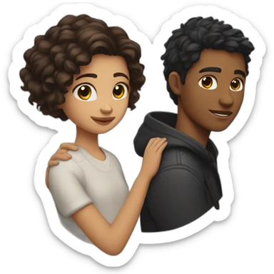 Girl with raven wolfcut hair and boy with brunette wavy hair hugging sticker