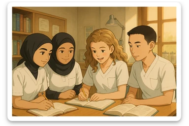 Ghibli style interior scene with four nursing students collaborating. They wear white short-sleeve uniforms with V-neck medical tunics and a left chest pocket, no stethoscopes or clothes under the tunic. Professional and friendly atmosphere with a different composition. sticker