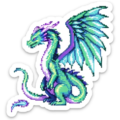 mysterious dragon with a long tail, large wings, and a magical aura, in green, blue, and purple sticker
