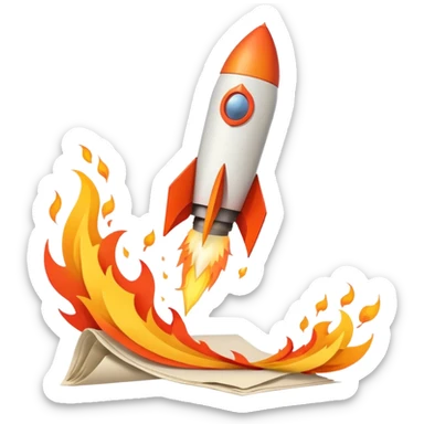 Rocket launching from stack of papers, fire trail, minimal flat design, youtube and instagram sticker