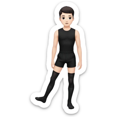 Male in his 20s, clean shaven, feminine look, wearing black thigh highs, black crops, black feminine shorts, is a femboy.   sticker