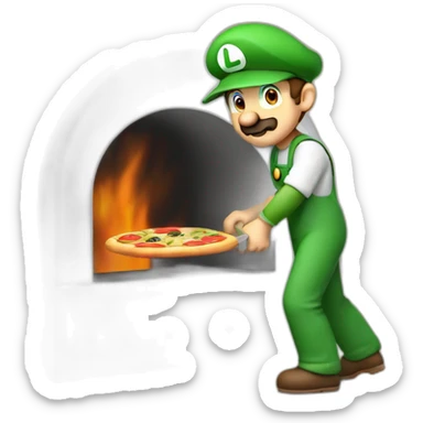 luigi holding a pizza shovel in his hands and putting a pizza into the pizza oven sticker