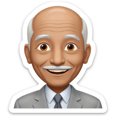 70 yr old indian man, almost bald, some white hair, light grey business suit, big smile, dark brown skin, no moustache
 sticker