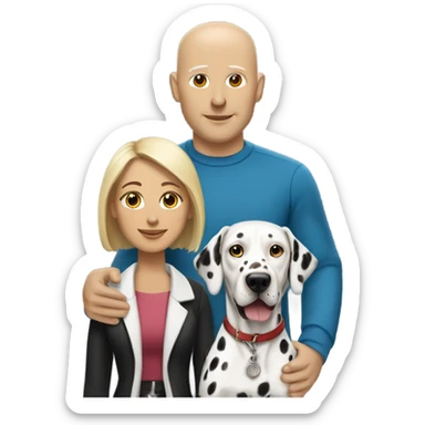 A bald white man with a medium-brown-skinned woman and a Dalmatian dog beside them. sticker