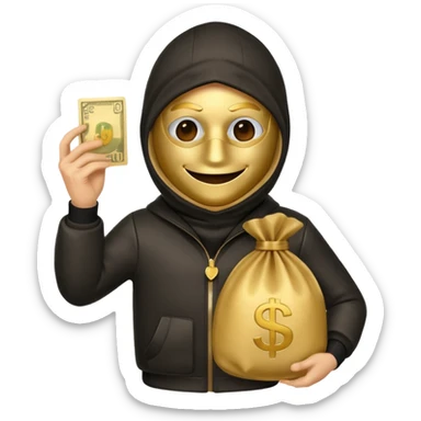 Robber emoji holding a 💰 wearing a mask that is made of robber suit without showing his hand the 💰 need to be in the left sticker