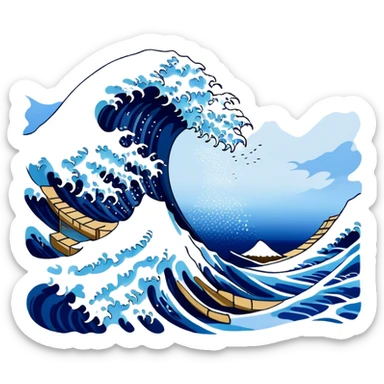 Cinematic Realistic Great Wave off Kanagawa, depicted as a colossal, crashing wave with dynamic blue hues and frothy white crests, rendered with intricate textures and fluid motion that captures both the timeless power and poetic beauty of the iconic Japanese artwork sticker