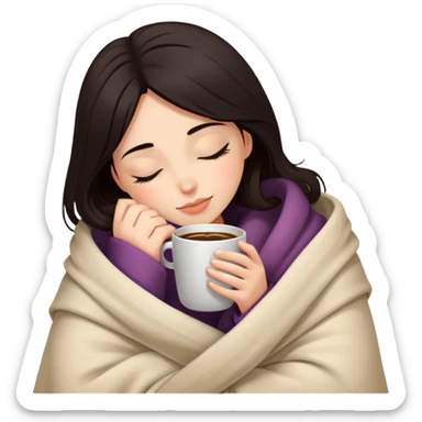 Girl with dark hair snuggled in warm blanket enjoying coffee with peaceful closed eyes sticker