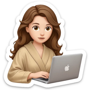 make a picture in ios 18 style of a white girl with brown long wavy hair wearing beige robe and working on a laptop sticker