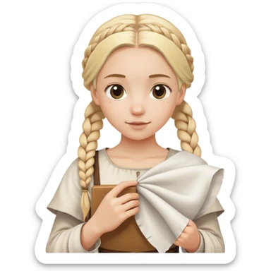 girl with blond braids holding a white square of cloth, medieval age sticker