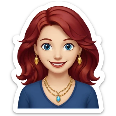 Create a custom emoji-style character inspired by a smiling woman with medium length, wavy dark red hair, light skin tone, and dark blue eyes. Emphasize a mischievous expression with a bright smile. sticker