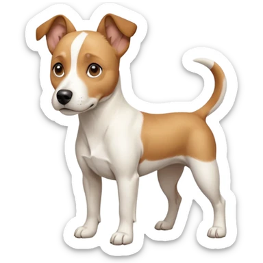 a full body facing front on of a buff white beagle cross jack russell terrier looking dog the size of a kelpie with light brown long ears resting on its face and a light brown patch above one eye and a large snout. the rest of the dog is completely white.  sticker