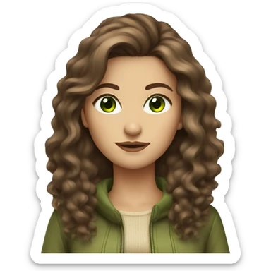 woman long medium brown voluminous hair with green eyes beige skin and hot outfit sticker