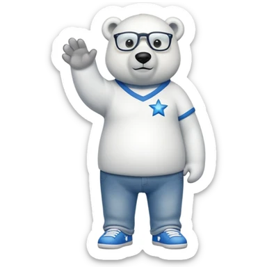 friendly anthropomorphised polar bear standing upright, looking chilled and unbothered, wearing a shirt, jeans, trainers, star-shaped glasses sticker
