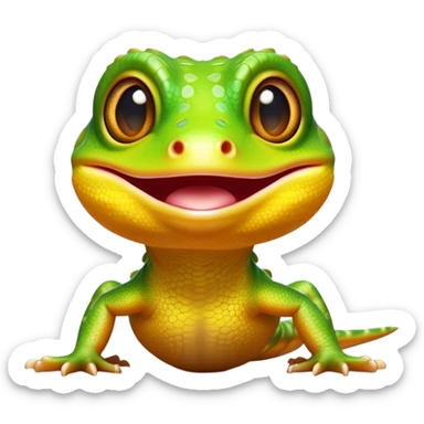 Cinematic Comical Gecko Portrait Emoji, Head tilted dramatically with an exaggeratedly shocked expression, featuring a compact, agile body with wide, comically expressive eyes and a quirky pattern of scales, Simplified yet hilariously expressive features, highly detailed, glowing with a slightly sassy tropical glow, high shine, dramatic yet playful, stylized with an air of quirky reptilian mischief, soft glowing outline, capturing the essence of a meme-worthy gecko that seems ready to scamper its way into viral fame! sticker