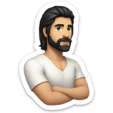white skin indian in plain white shirt with sleeve up and cool medium length black hair and light beard profile image sticker