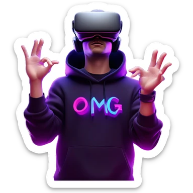 Russian man wearing a black hoodie with "OMG" letters on it and VR headset oculus quest 2 in a cyberpunk VR environment with violet neon lighting. Showing direction with hand sticker