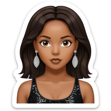 LeToya Luckett with long dark brown hair, black sequin crop top, black earring sticker