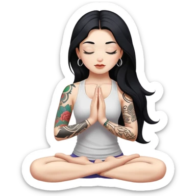 Yoga posing girl with white skin, long black hair and eyes closed, with just left arm tattooed sticker