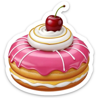 Round donut with smooth shade pink icing and thin white drizzle lines, golden-brown dough visible on the sides.
White whipped cream dollop in the center topped with a glossy red cherry and stem, clean studio lighting, pure white background, realistic minimal emoji-style. sticker