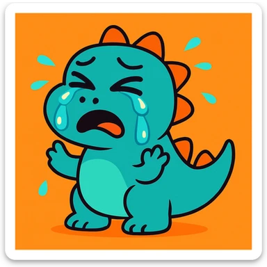 cartoon dinosaur crying, cyan color, tears dripping down, vibrant, cute sticker