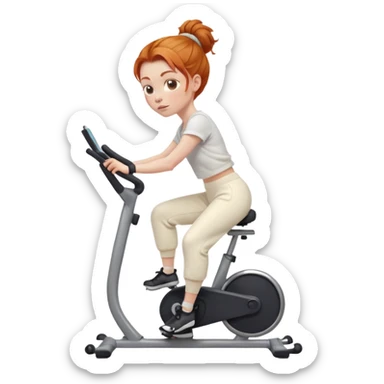 Fit Ginger girl big head messy bun riding stationary bike cream sweatpants sticker