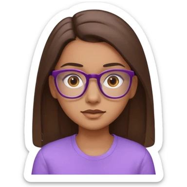 Imagine a pretty girl with slightly light brown skin with big brown eyes and glasses. She has straight long brown hair in a slick back and is wearing a light purple shirt sticker