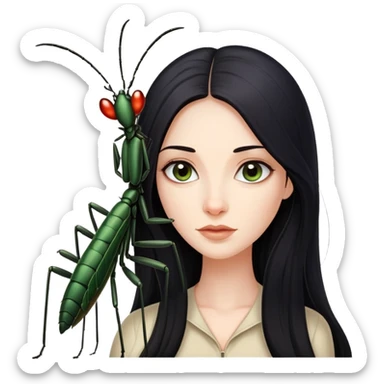 beautiful pale woman with long black hair next to one stick bug sticker