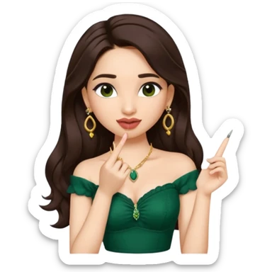 pretty bratz genmoji that looks like tamannah bhatia (bollywood actress), wearing a dark green sweetheart neckline top, dark brown hair, light makeup, no necklace, dangly earrings, side hair part, fair. dark brown eyes, long hair

Show her licking her finger  sticker