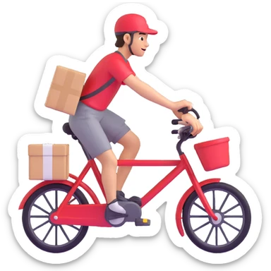 delivery worker in a red dress on a bike, dynamic pose, with a parcel in hand sticker