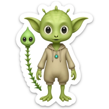 full body cute roughly humanoid peacefull alien furry with 2 legs and eye stalks stands upright and looks intelligent ...wears clothing. not green..looks happy and cudly... has 3 eyes...the alien has 3 eyes....it has an extra eye on a stalk sticker
