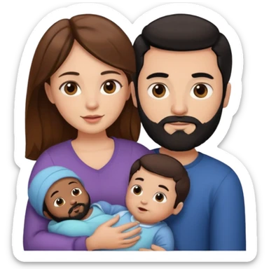 Una mujer con pelo castaño y ojos marrones  con un bebé y un hombre con pelo negro y barba sticker