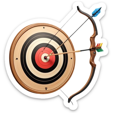 A professional recurve bow with an arrow nocked, ready to be released. The target features concentric rings, placed at a distance. The emphasis is on the bow, arrow, and target, highlighting the precision, focus, and skill involved in competitive archery. sticker