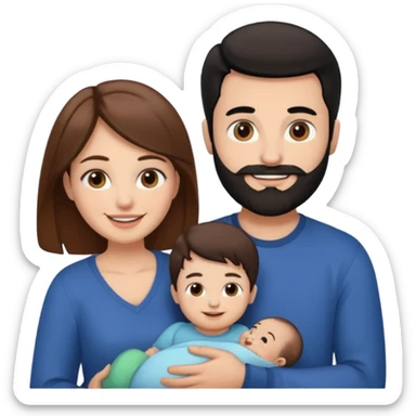 Una mujer con pelo castaño y ojos marrones y un hombre con pelo negro y barba y un bebe sticker