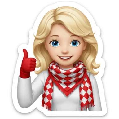 Blonde Girl Model, Blue Eyes, wavy hair, smiling, thumbs up, wearing red Checkered Triangle scarf, white dress sticker