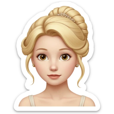 Cinematic Realistic Rococo Portrait, depicted with lifelike skin texture, subtle rosy undertones, and soft natural lighting that enhances the gentle contours of her face. Her intricately detailed golden blonde hair is elegantly styled in an updo, sticker