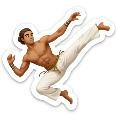 A capoeira fighter in mid-air performing a spinning kick, wearing traditional white capoeira pants and a cord, vibrant and flowing pose, surrounded by motion swirls sticker