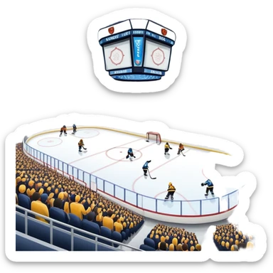 Please, make An icon featuring The background shows a packed stadium with cheering fans, bright arena lights, and an icy rink and close-up shots of key hockey equipment: a hockey stick, puck, and skates. Transparent background highlights the essentials of the game and the thrill of the sport. sticker