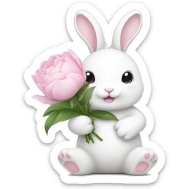 cute white bunny holding light pink peonies sticker