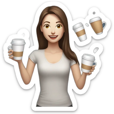 woman juggler with long straight brown hair and pale skin juggling three coffee cups and two miniature laptops in the air sticker