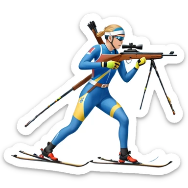 An icon featuring snow-covered trees, distant mountains, and a clear blue sky with a biathlete in motion, holding a rifle and skiing across a snowy course. Transparent background highlights the precision, endurance, and excitement of biathlon. sticker