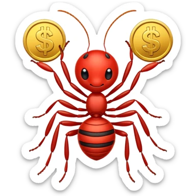 Red ant cartoon style with black shiny round with gold coins  sticker