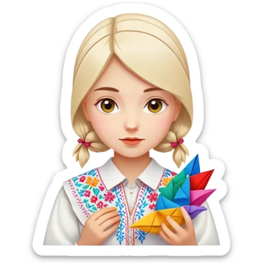 Ukrainian young girl in a white embroidered traditional shirt (vyshyvanka) holding colorful origami sticker