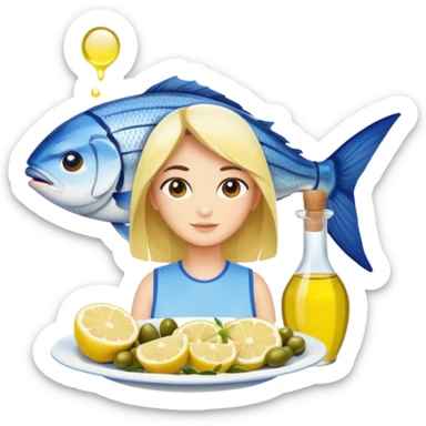 Mediterranean cuisine avatar in clean emoji-style illustration. Olive oil, fish, lemon, blue and sunny colors, light and fresh mood, flat design, high contrast. sticker