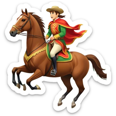 An icon showcasing a majestic horse and rider in full gallop across a lush green field. The background features a clear sky, distant mountains, and a vibrant landscape. The rider wears traditional gear, while the horse leaps with grace and power.  sticker