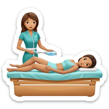 Emoji of a woman lying down on a spa bed while another woman in spa uniform applies a cavitation fat-burning treatment on her abdomen,  sticker