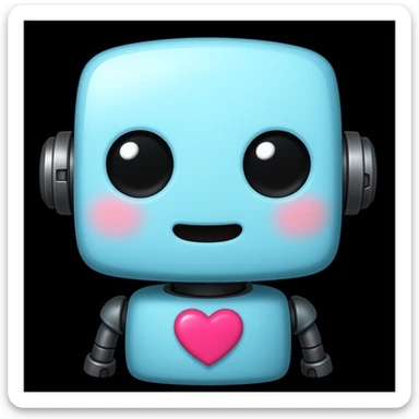 Edit the image to depict a light blue (#b0f2f8) cute robot with a heart on its chest, blushing, in the style of an apple emoji. sticker